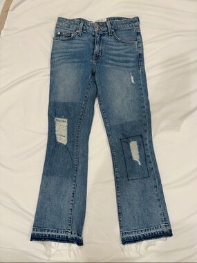 Derek Lam denim blue Distressed Patchwork Bootcut Jeans